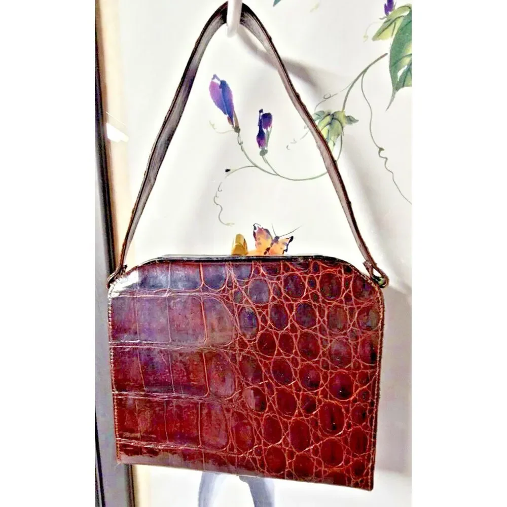 1950's Crocodile leather handmade Handbag  BROWN Brass‎ Hardware Leather lining